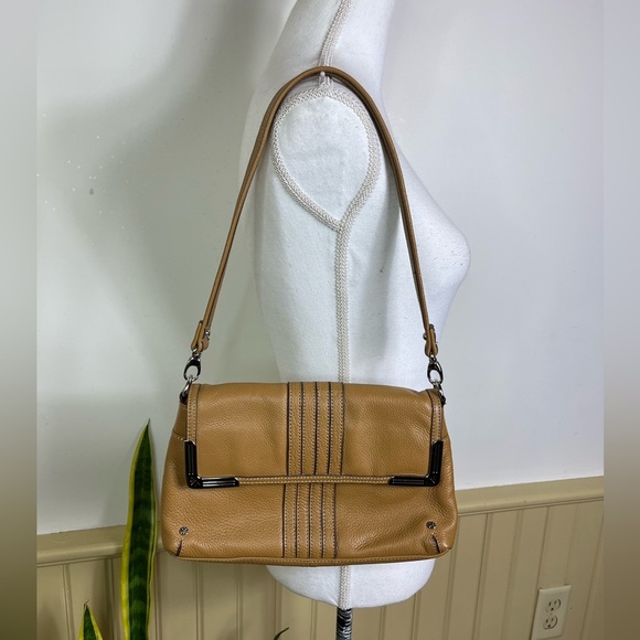 Isaac Mizrahi Leather Shoulder Bag Tan Caramel Brown Fall Purse Y2K Minimalist - Picture 13 of 16